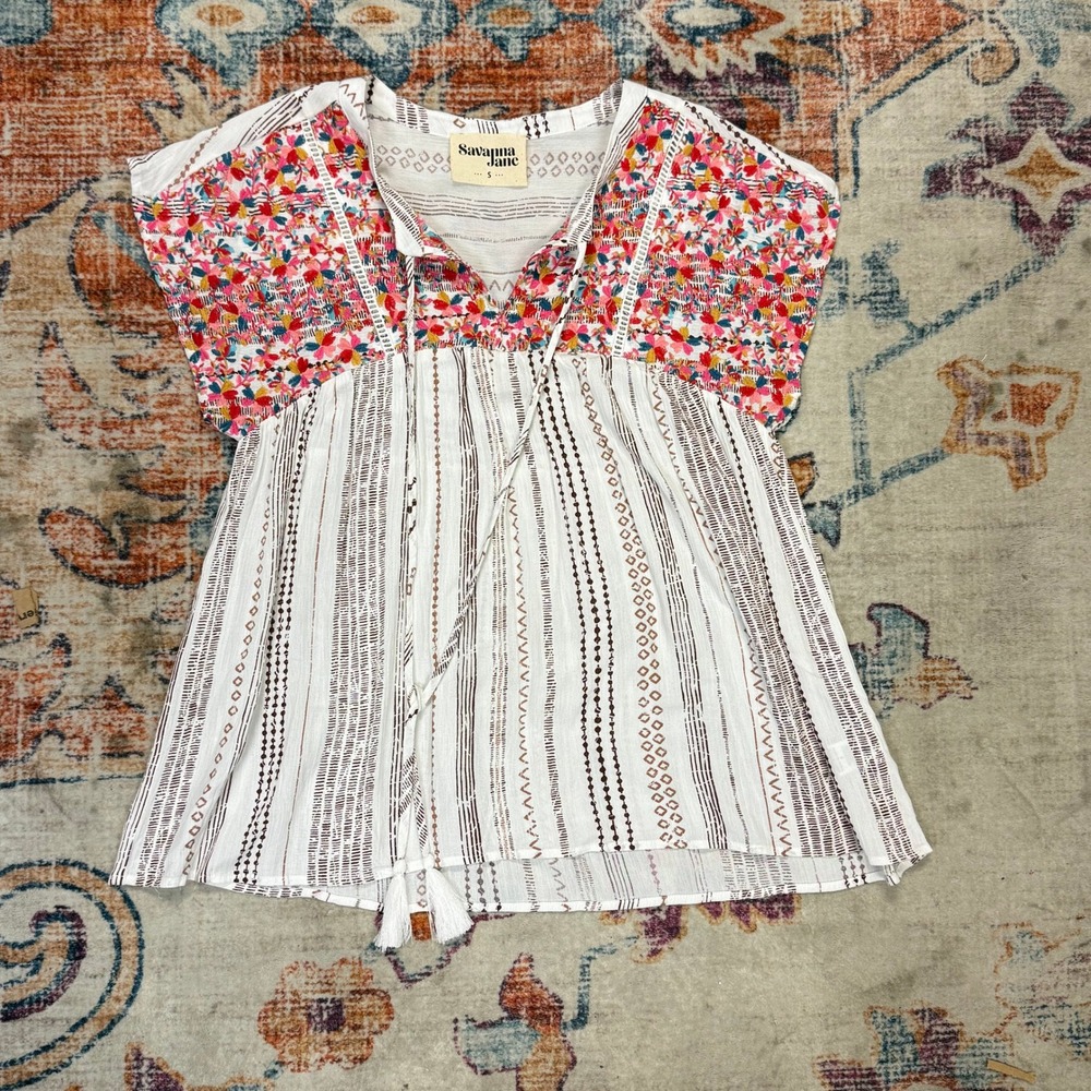 Savanna Jane Women White Embroidered Boho Tassel‎ Peasant Blouse Top 18398 Small